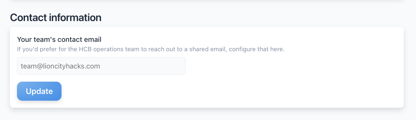 An organization's settings page on HCB with the new 'Your team's contact email' option.